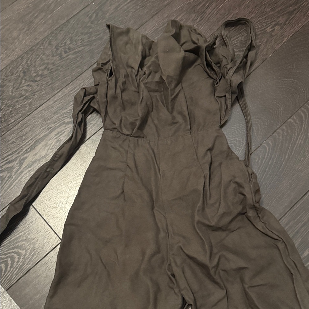 Aritzia Wilfred Sz 4 Brax Linen brown Cut Out Wrap Crop Wide Leg Jumpsuit